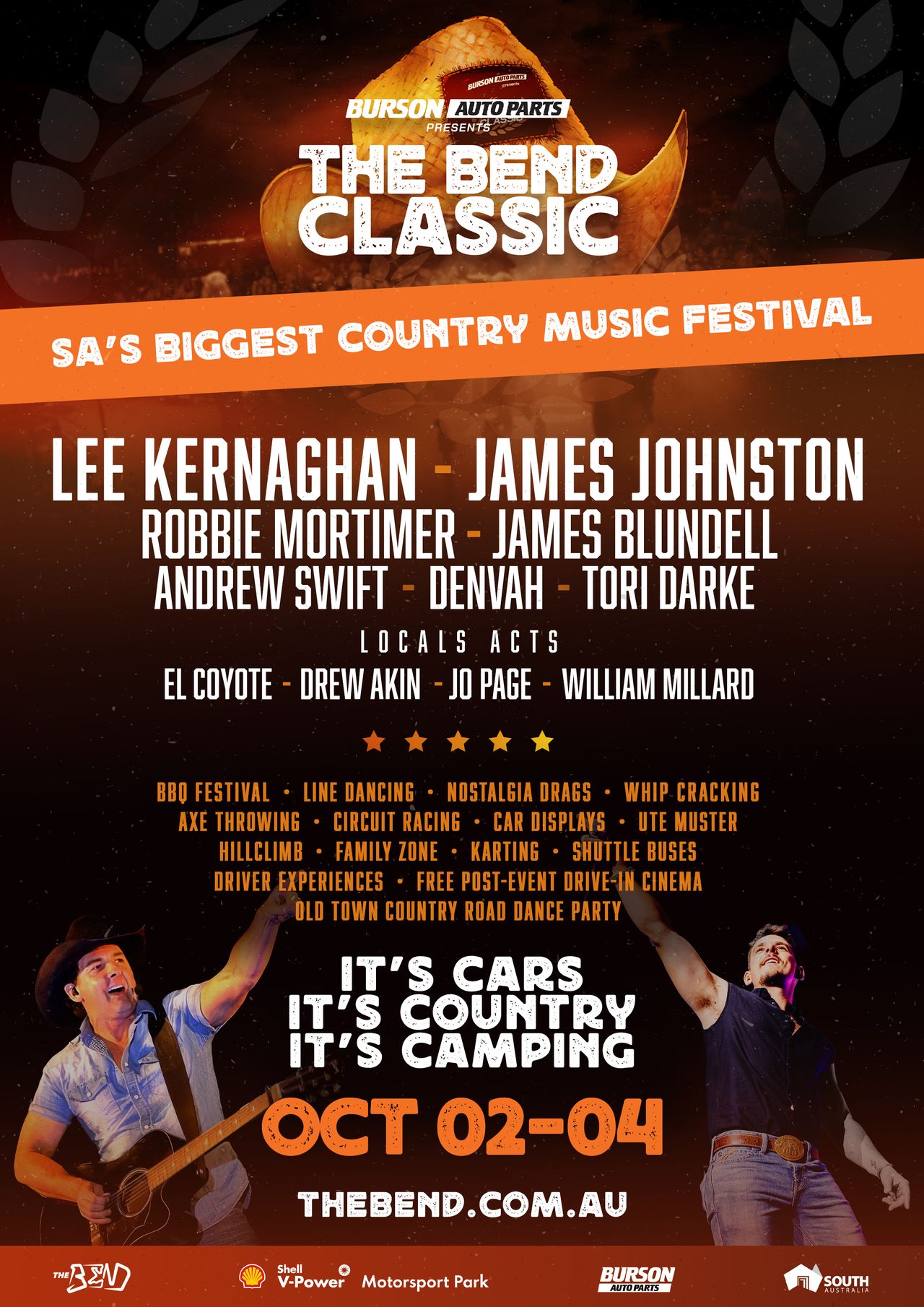 The Bend Classic festival poster featuring country music artists Lee Kernaghan and James Johnston with event dates Oct 02-04.